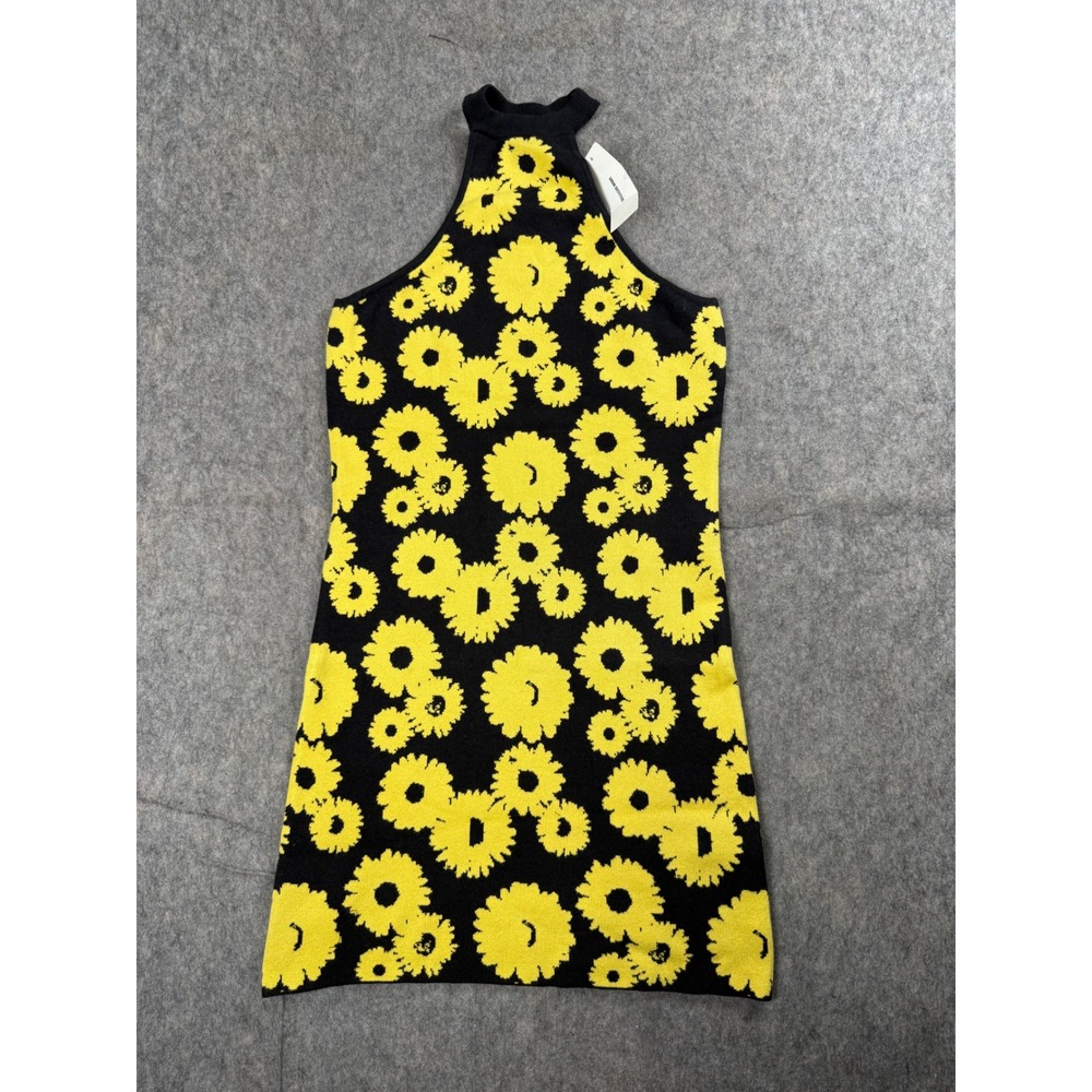 Urban Outfitters Mini Dress Womens S Black Yellow Floral Cotton Knit Halter Y2K